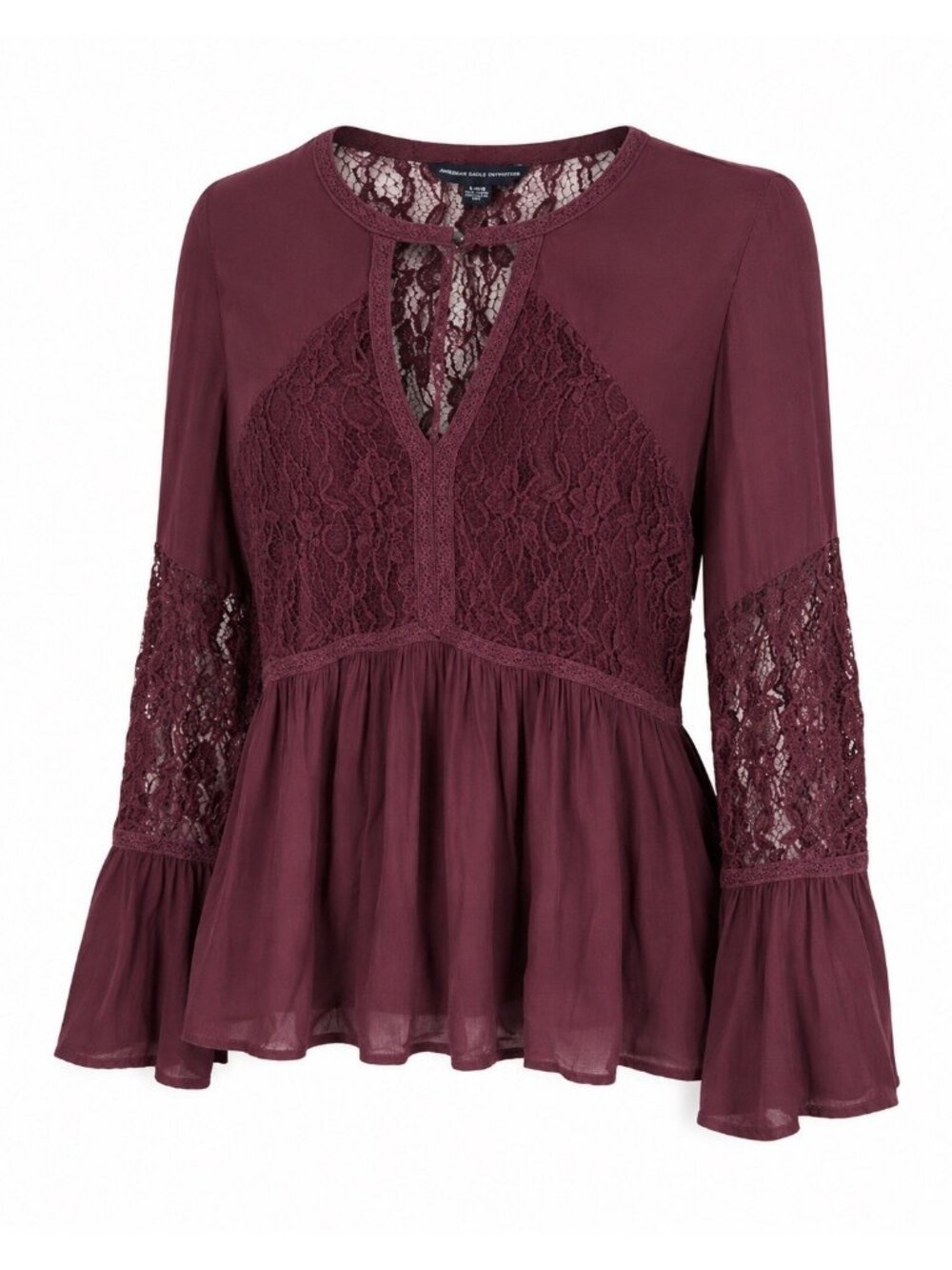 American Eagle Peasant Blouse Womens L Burgundy Lace Bell Sleeve Peplum Top